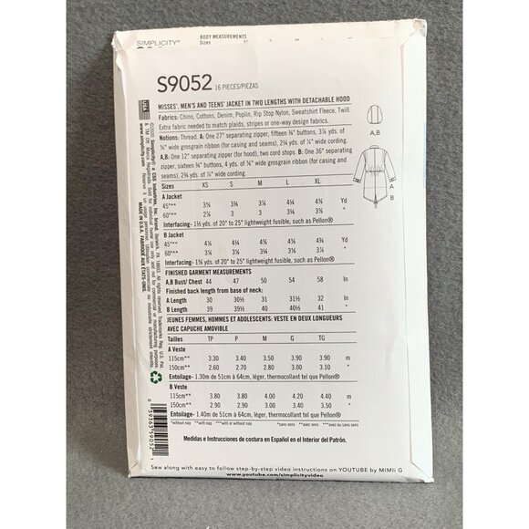Simplicity Sewing Pattern S9052 Misses Mens Jacket with Detachable Hood - Picture 2 of 2